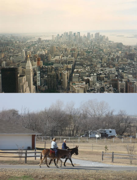 New York City view from Empire State Building, and a country scene with horse riders, views from fashion business regions